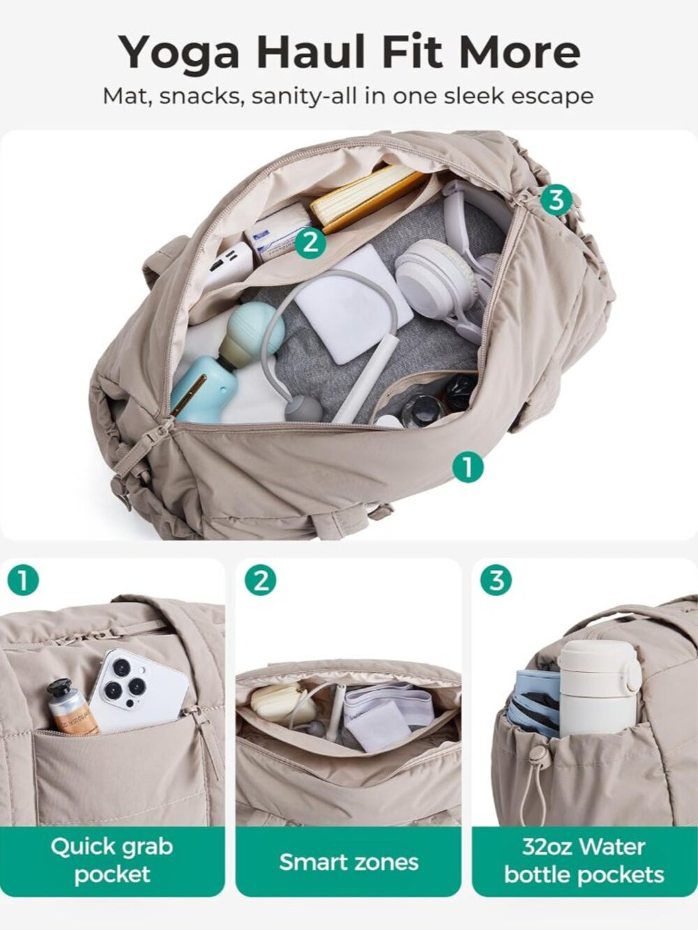 Reiki Gym Bag for Women Puffy Yoga Mat Travel Weekender Duffle Bag | Lint-Resist - Picture 6 of 9
